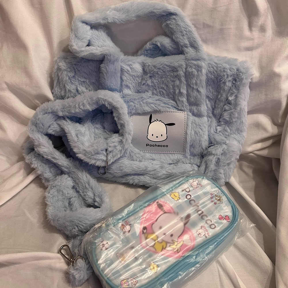 Poohecoco Light Blue Kids Furry Bag Set